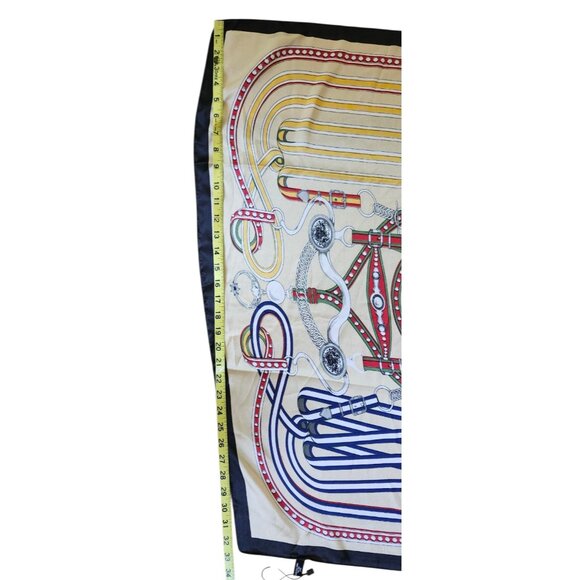 Designer Silk Scarf Beige Gold Red Navy Women’s Equestrian Print Chic Luxury - Picture 8 of 10
